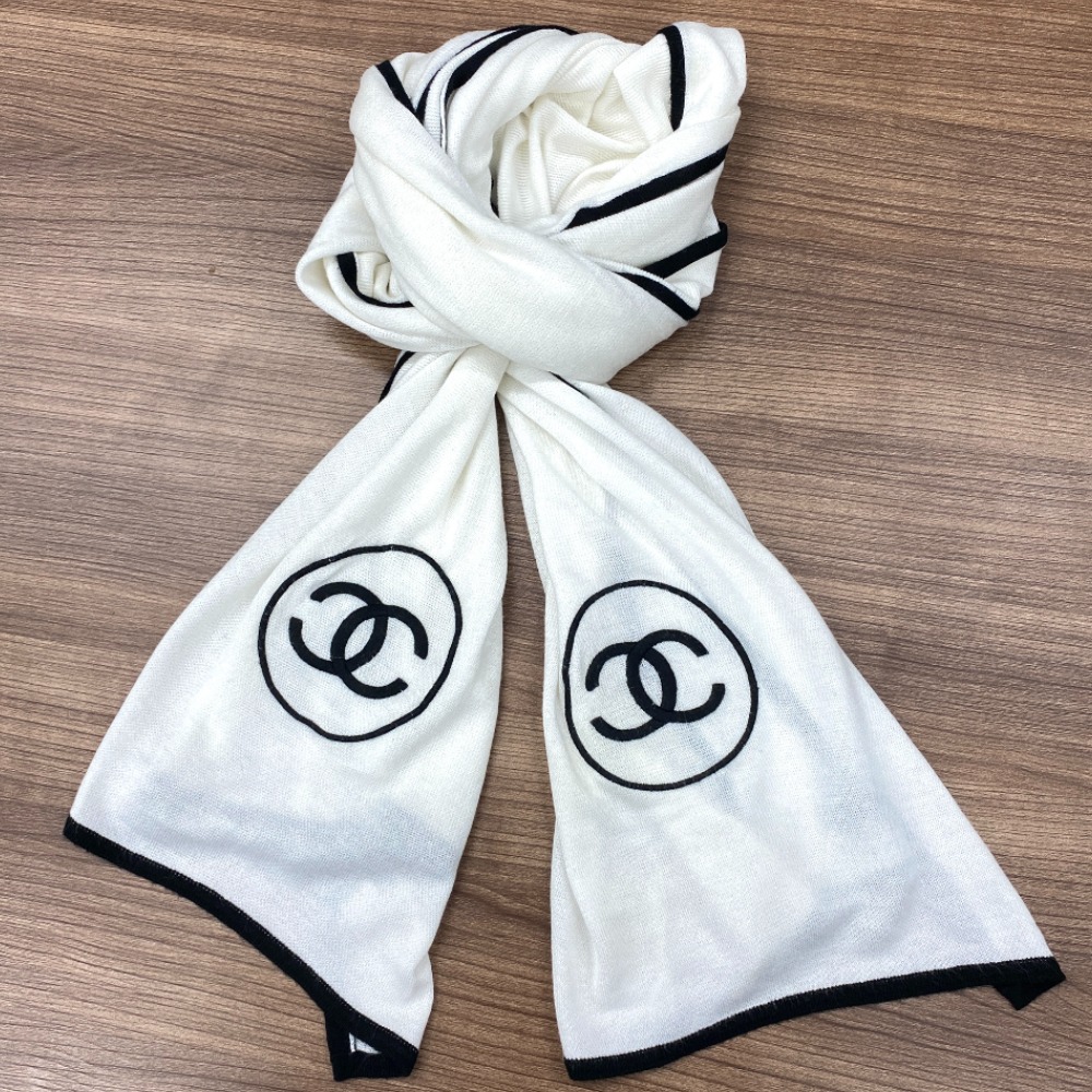 CHANEL Scarf shawl White Black [USED] | eBay
