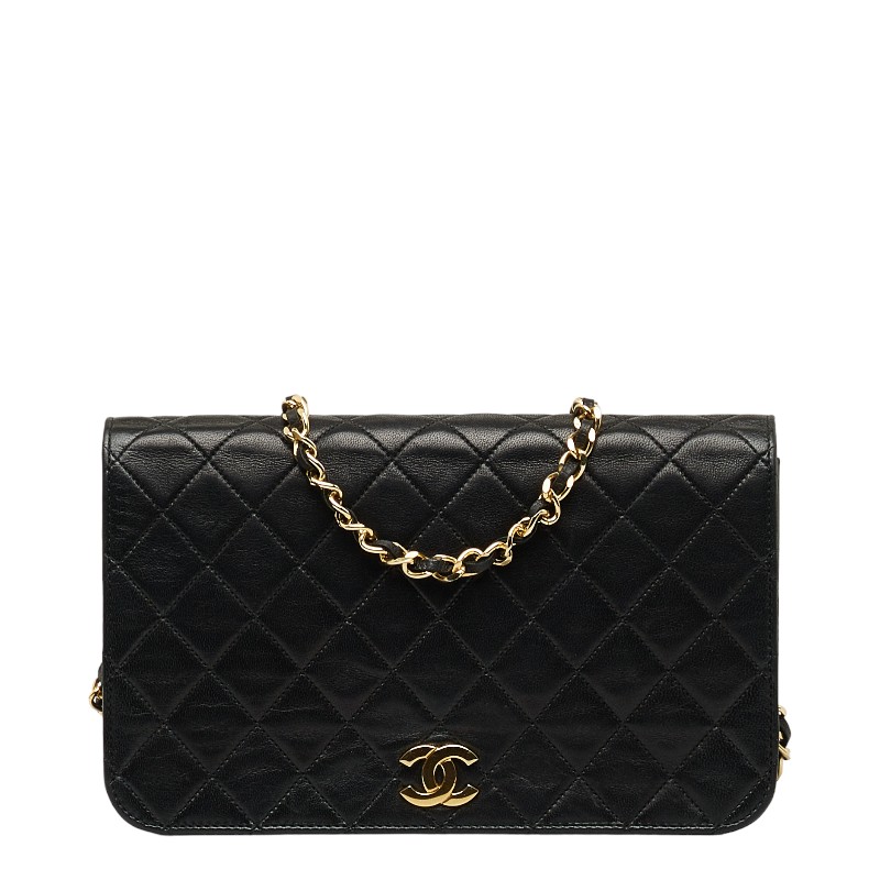 CHANEL Matelasse Shoulder Bag Lambskin Black Push Lock Gold Hardware Used