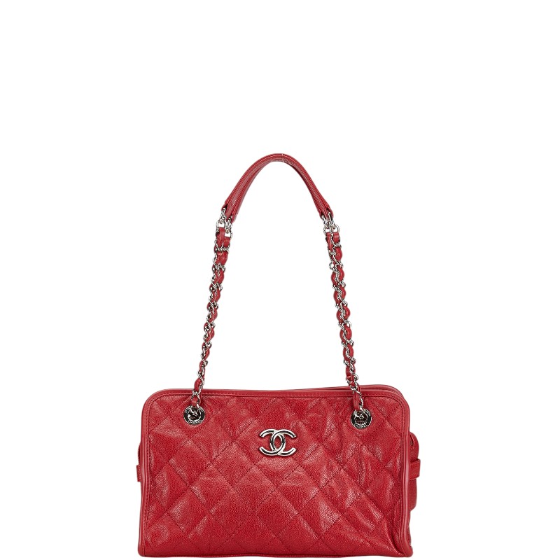 CHANEL Matelasse Chain Shoulder Bag Red Caviar Skin Handbag Coco Logo Used