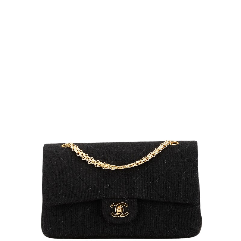 CHANEL Matelasse Double Flap Shoulder Bag Black Cotton Jersey Gold Hardware Used