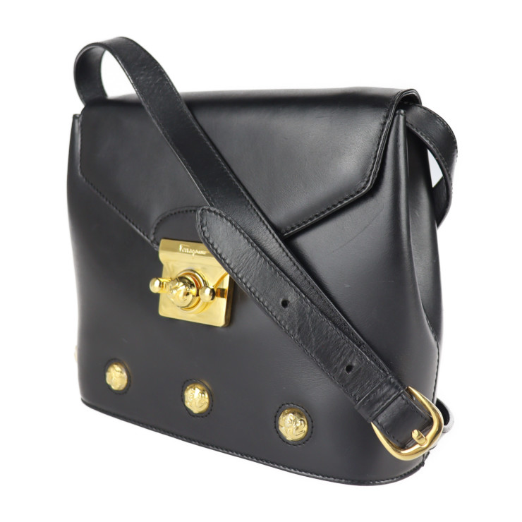 Salvatore Ferragamo Shoulder Bag Black Heel Motif Studs Leather Salvatore Ferragamo Calfskin Studded Trifolio Shoulder Bag  main image 2