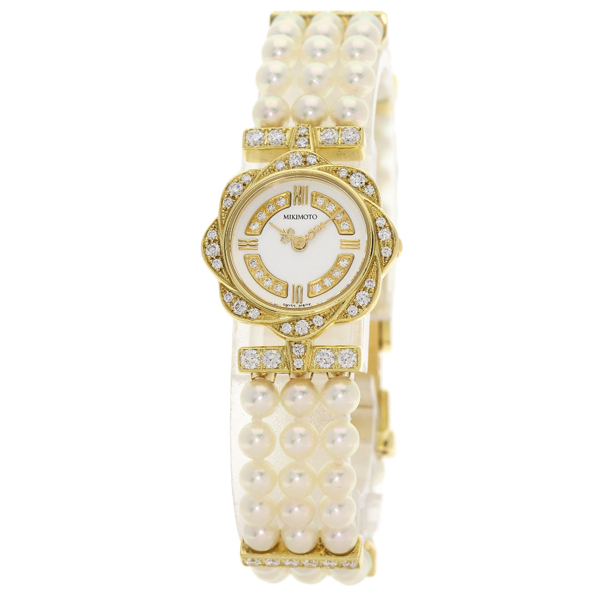 みわ　MIKIMOTOダイヤモンド装飾 18K無垢腕時計 MIKIMOTO Pearl watch Pearl Diamond Watches 052-105 K18 Yellow Gold
