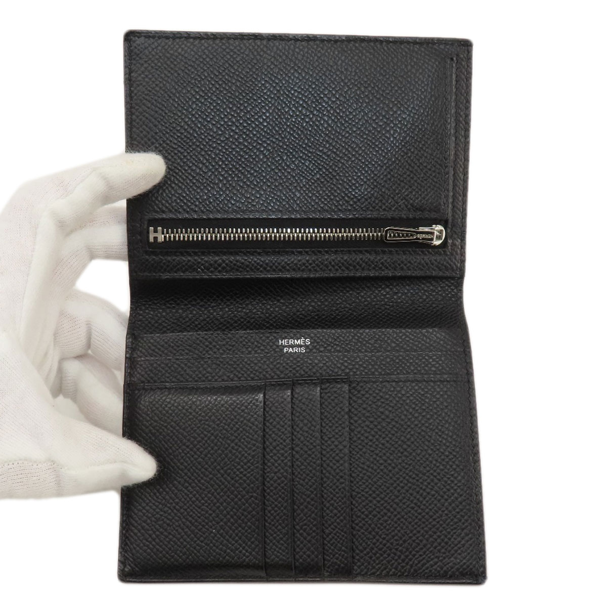 HERMES Bifold Wallet with Coin Pocket Bearn Compact Black
