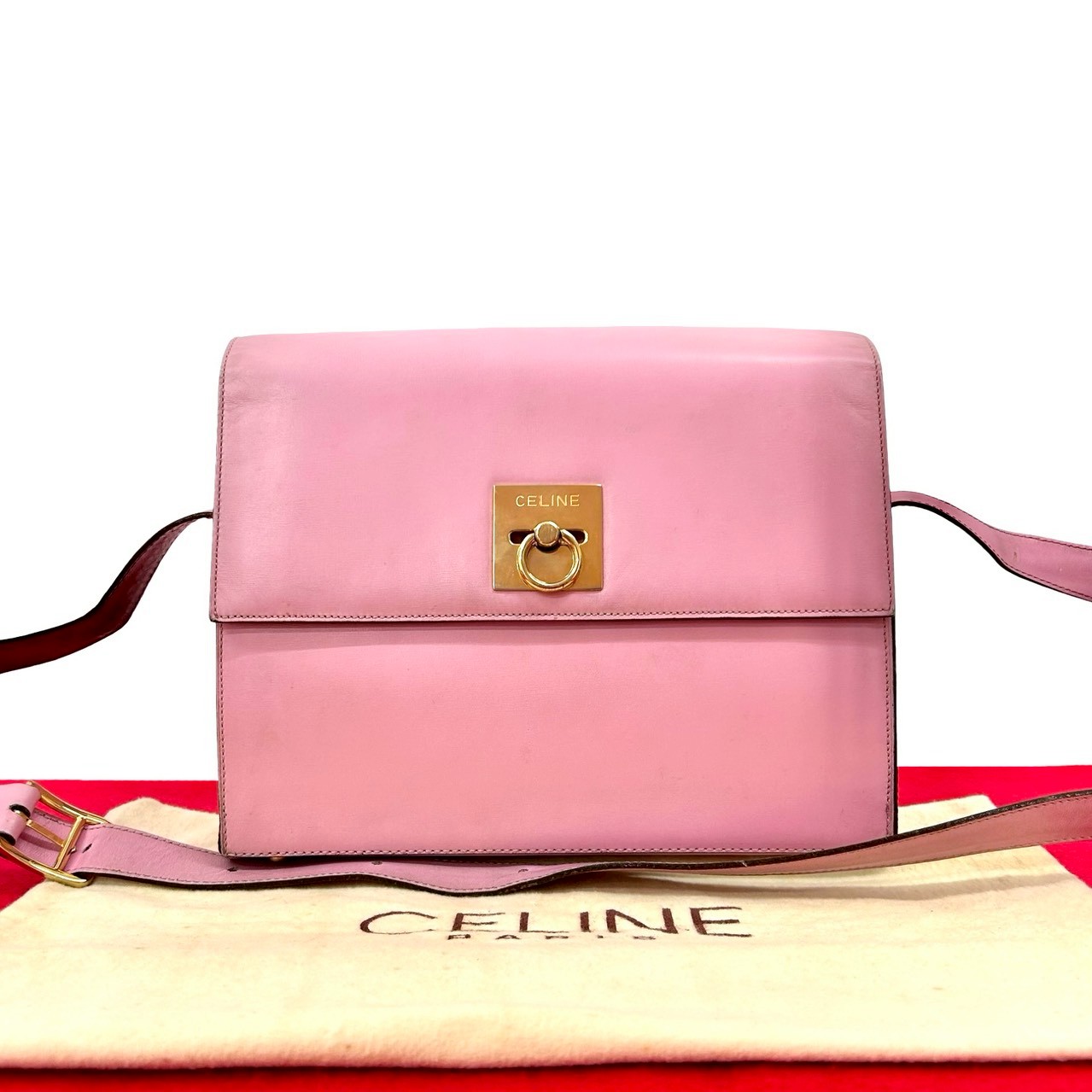 CELINE Logo Ring Metal Shoulder Bag leather pink 26147 | eBay