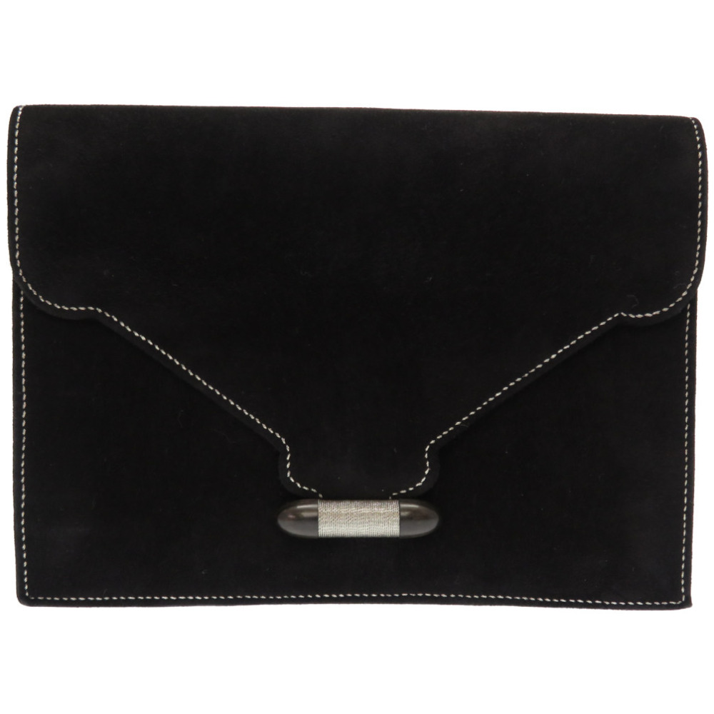 AUTHENTIC HERMES Navette Black Doblis Silver stitch Clutch Bag 0093