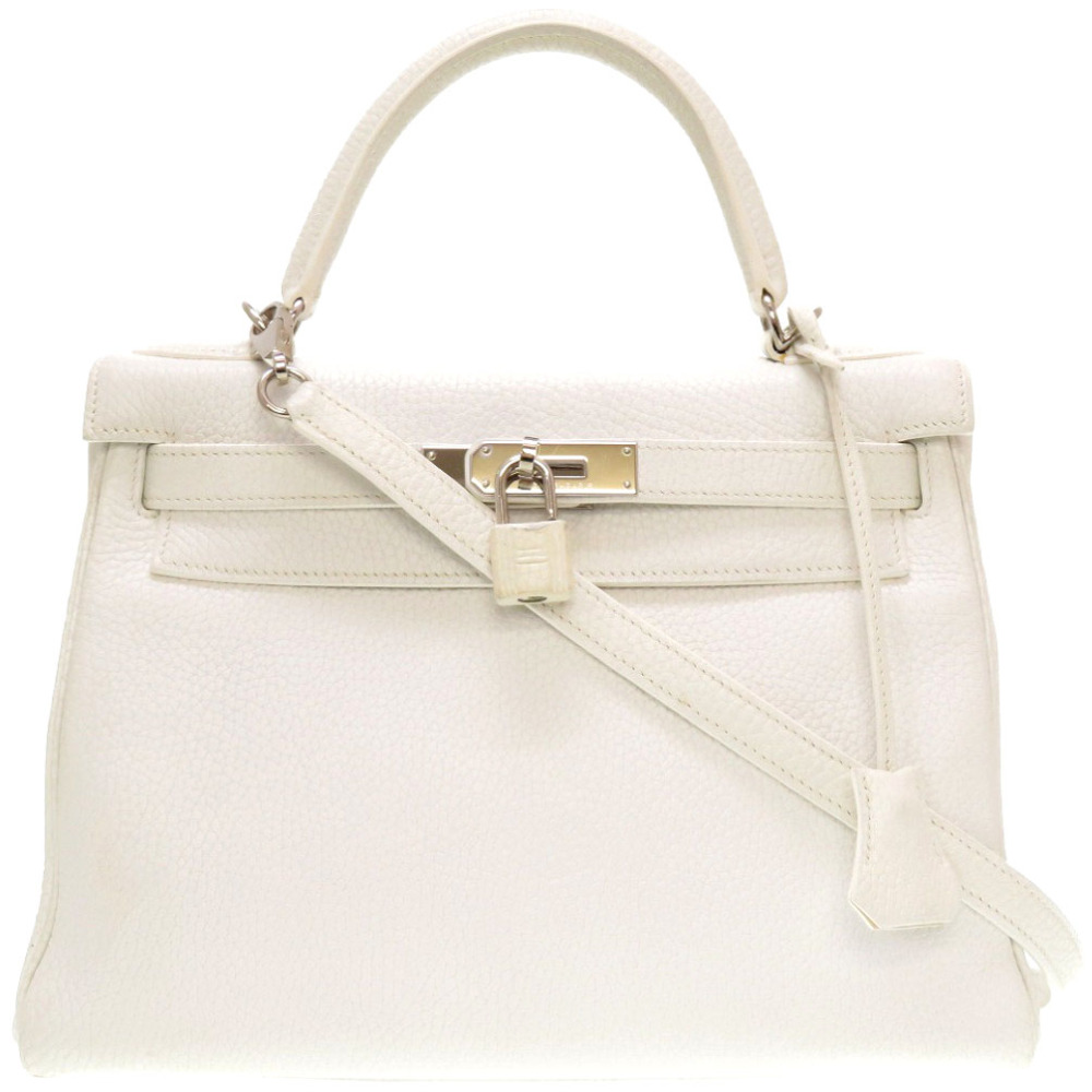 AUTHENTIC HERMES Kelly28 internal sewing Hand Bag White Taurillon Clemence 0011