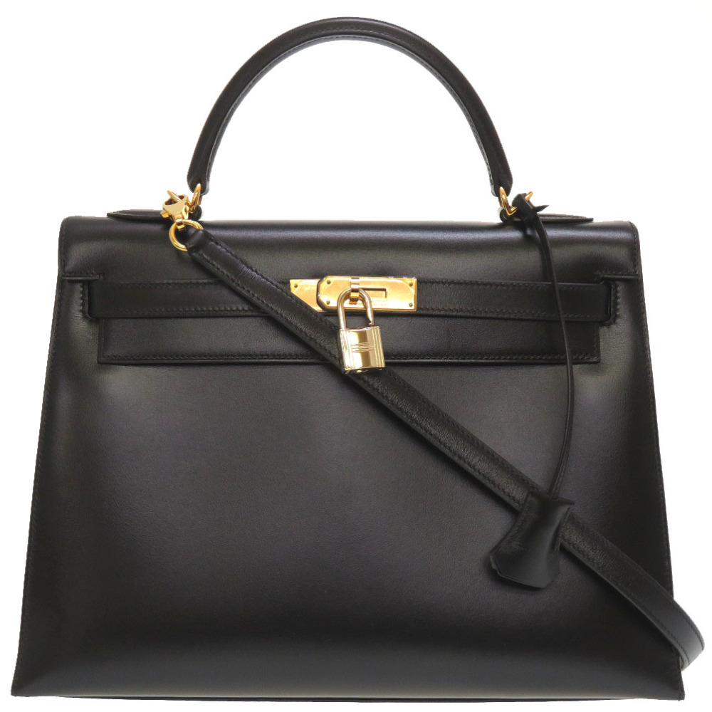 AUTHENTIC HERMES Kelly32 outer sewing Hand Bag Black Box calf 0020