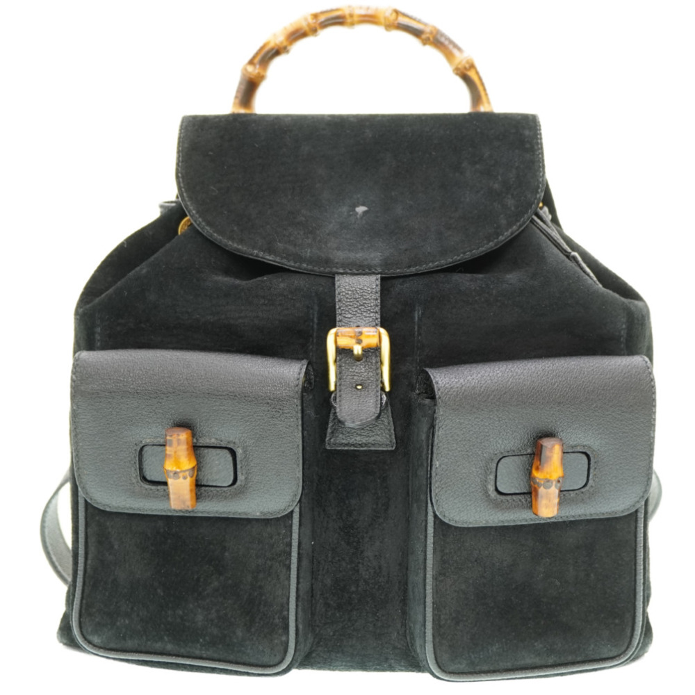 Gucci Bamboo Backpack Daypack Suede Black 0182 Suede Vintage GUCCI Bamboo Crocodile Embossed Leather Suede Backpack Black  main image 2