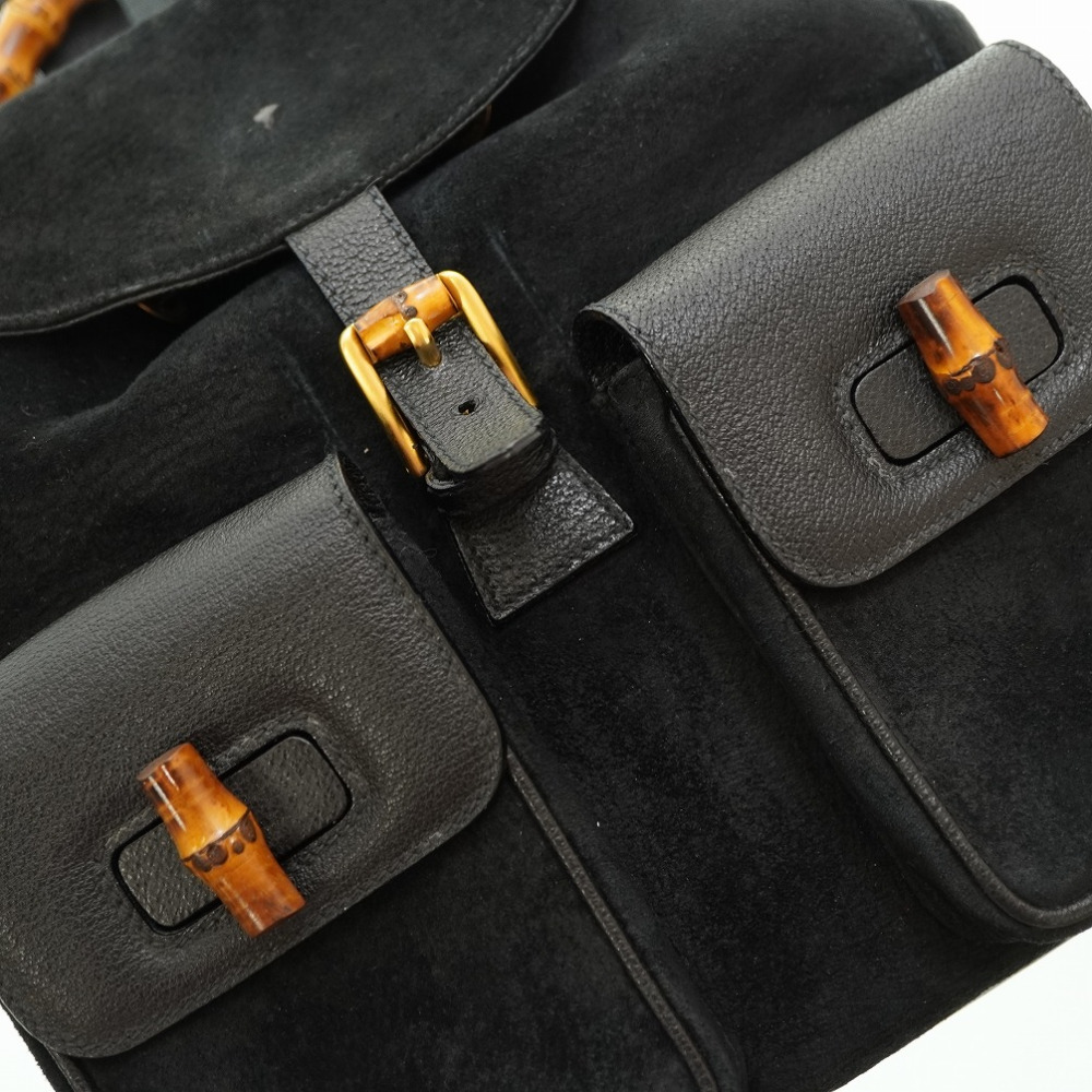 Gucci Bamboo Backpack Daypack Suede Black 0182 Suede Vintage GUCCI Bamboo Crocodile Embossed Leather Suede Backpack Black  main image 4