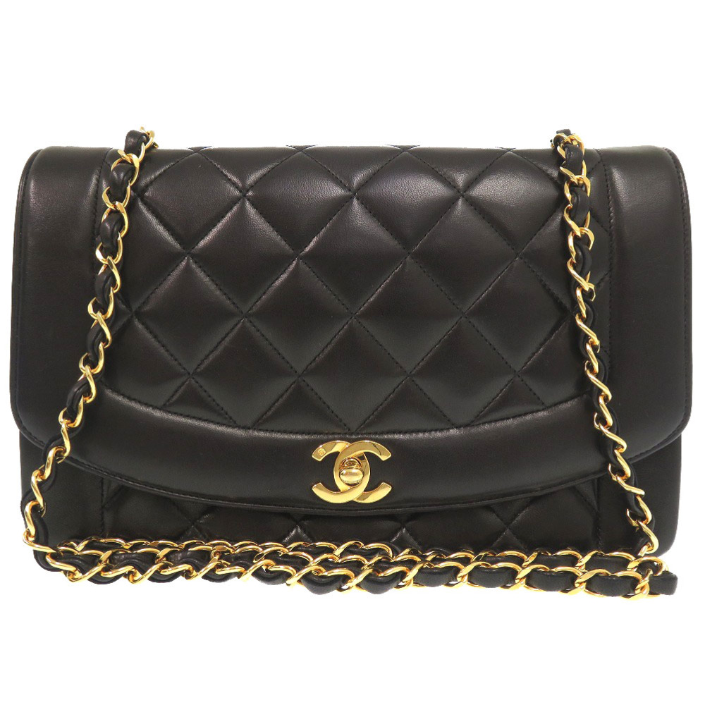 AUTHENTIC CHANEL Diana 25 Medium Matelasse CC Mark Shoulder Bag Black Lambskin