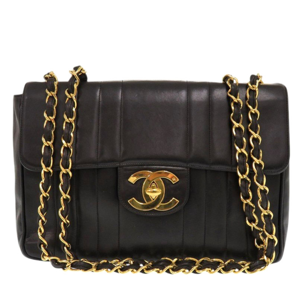 AUTHENTIC CHANEL Mademoiselle Matelasse CC Mark Shoulder Bag Black Lambskin