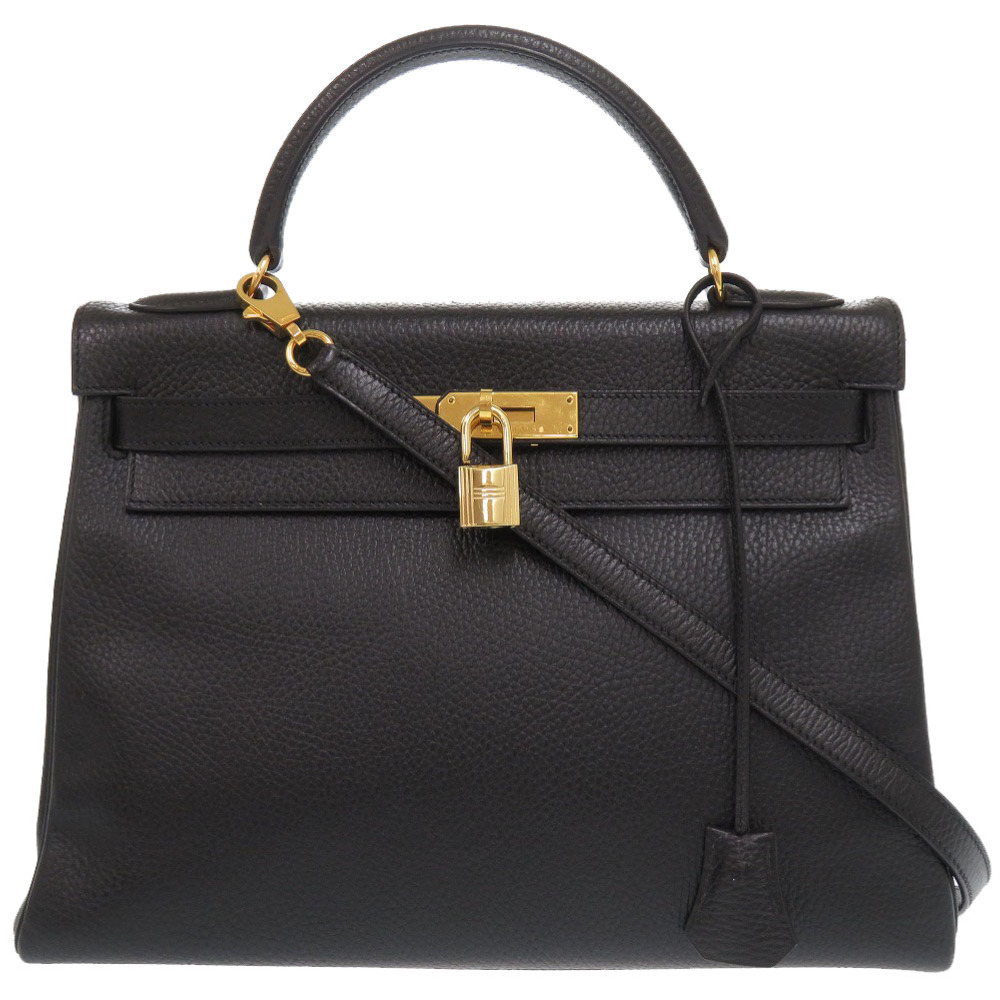 AUTHENTIC HERMES Kelly32 internal sewing Hand Bag Black Ardennes 1602