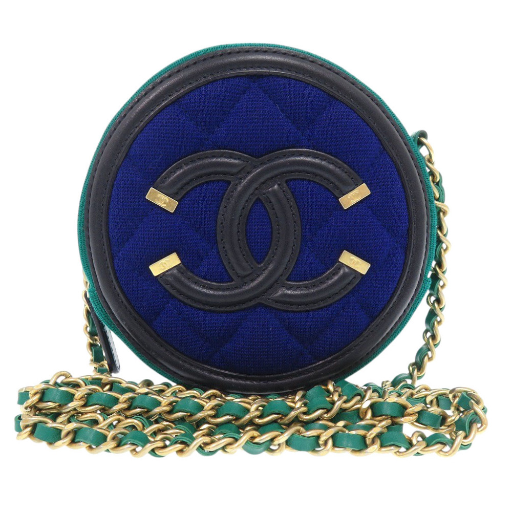 AUTHENTIC CHANEL AP0365 ChainClutchShoulder Bag CC Filigree Round Green Jersey