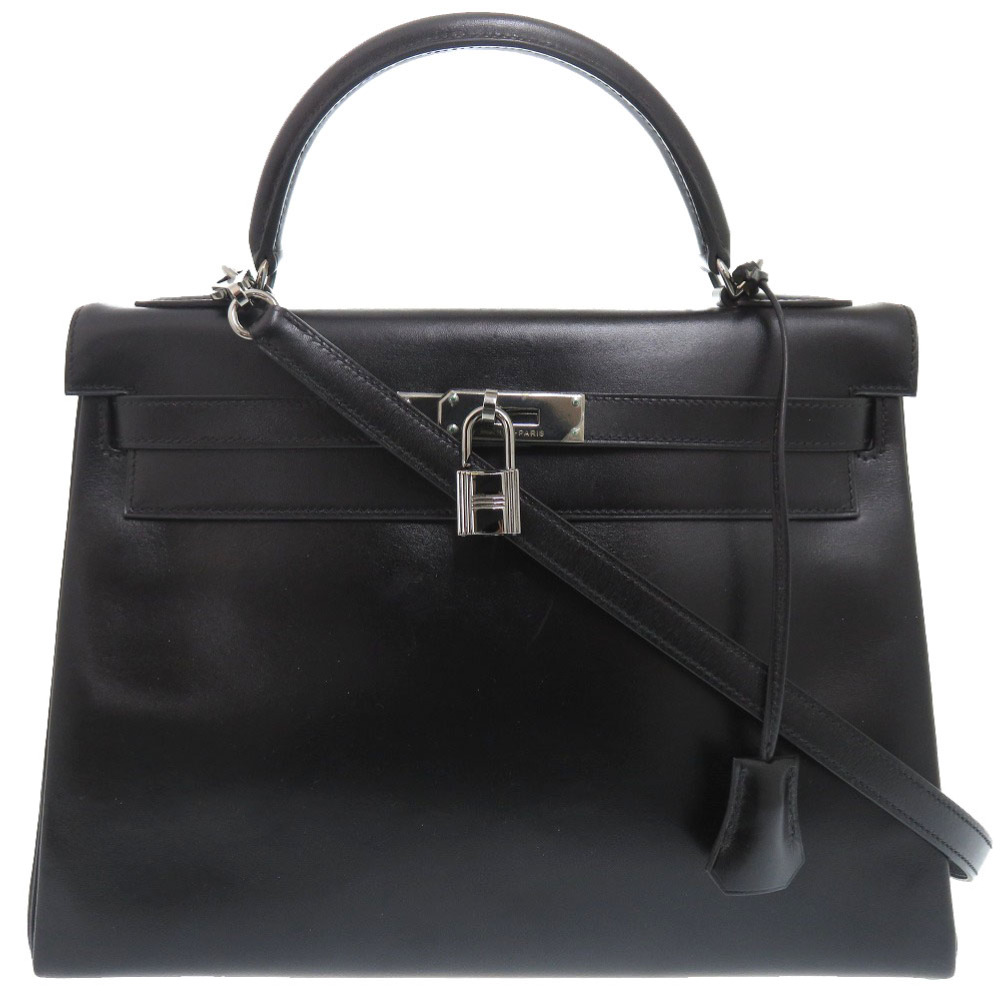 AUTHENTIC HERMES Kelly32 internal sewing Hand Bag Black Box calf 0675