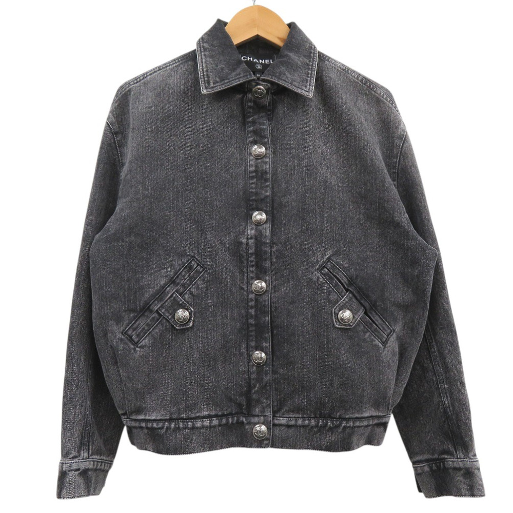 AUTHENTIC CHANEL P74033V65658 Logo Embroidered Denim Jacket COCO
