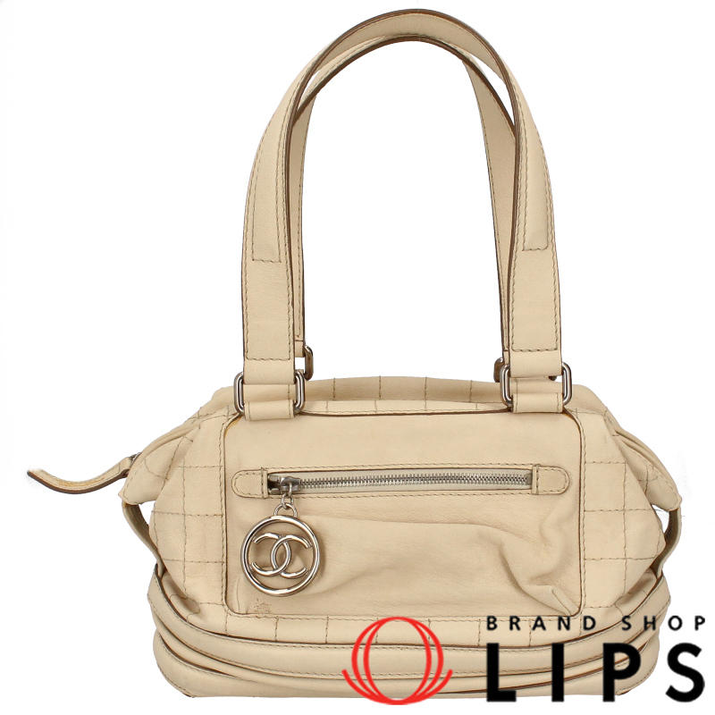 CHANEL chocolate bar line handbag leather WomenHandbag beige USED