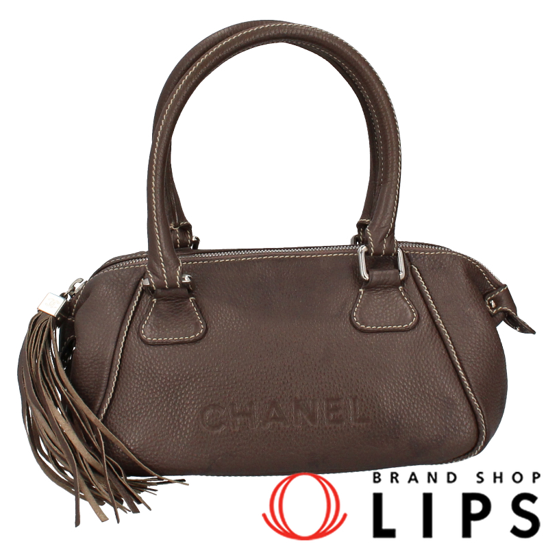 CHANEL Fringe mini Boston bag leather WomenBoston bag Dark brown USED