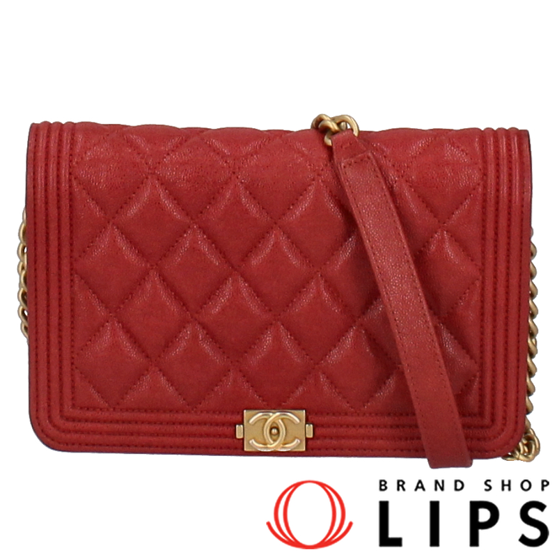 CHANEL Boy Chanel Chain Wallet A81969 calf skin WomenOther bag Red USED