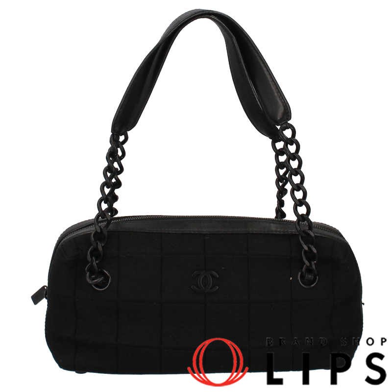 CHANEL Chocolate bar Chain handbag Cotton jersey/leather WomenHandbag blac...