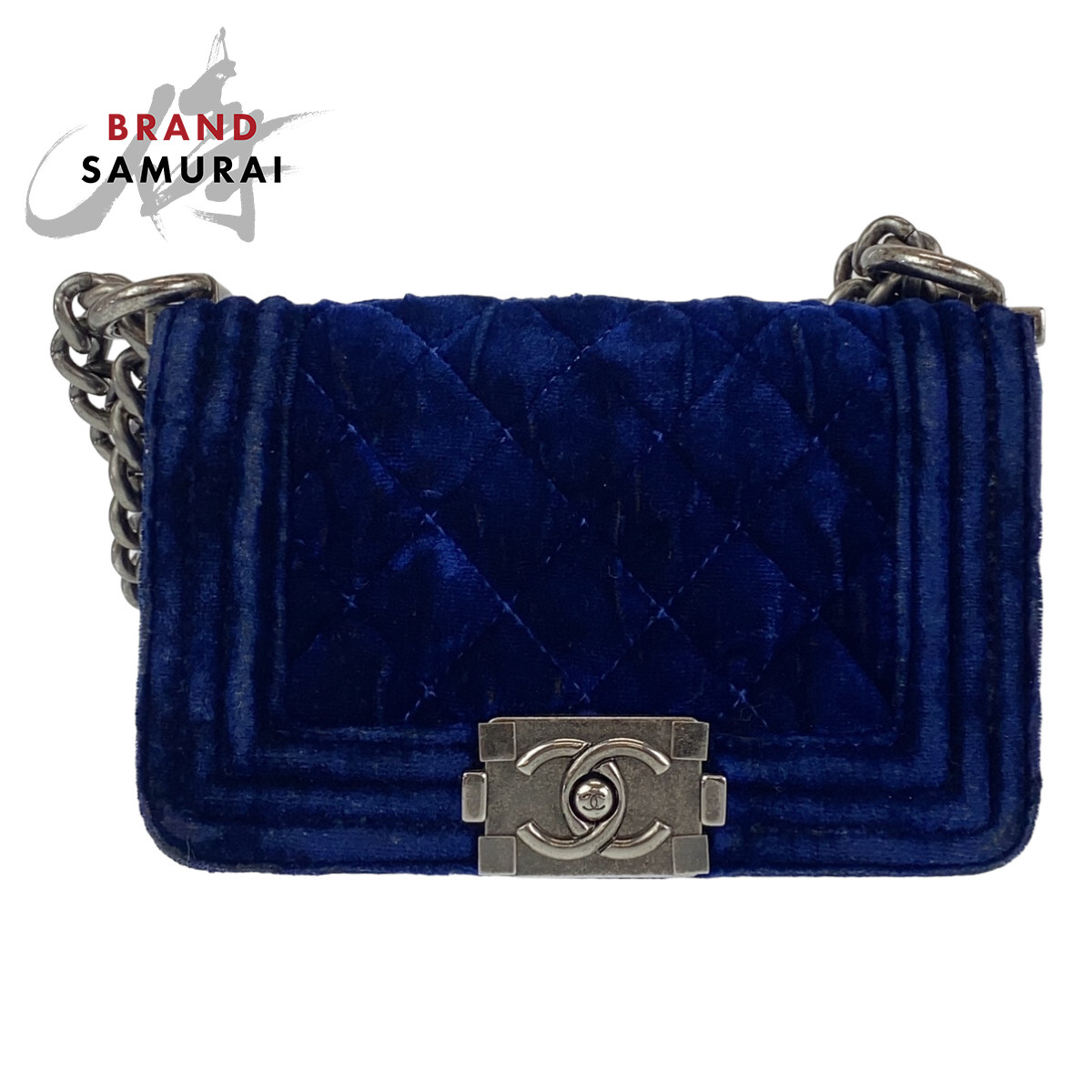 Rare CHANEL Mini Boy Chanel Matelasse Shoulder Bag Handbag Pochette Blue Velor