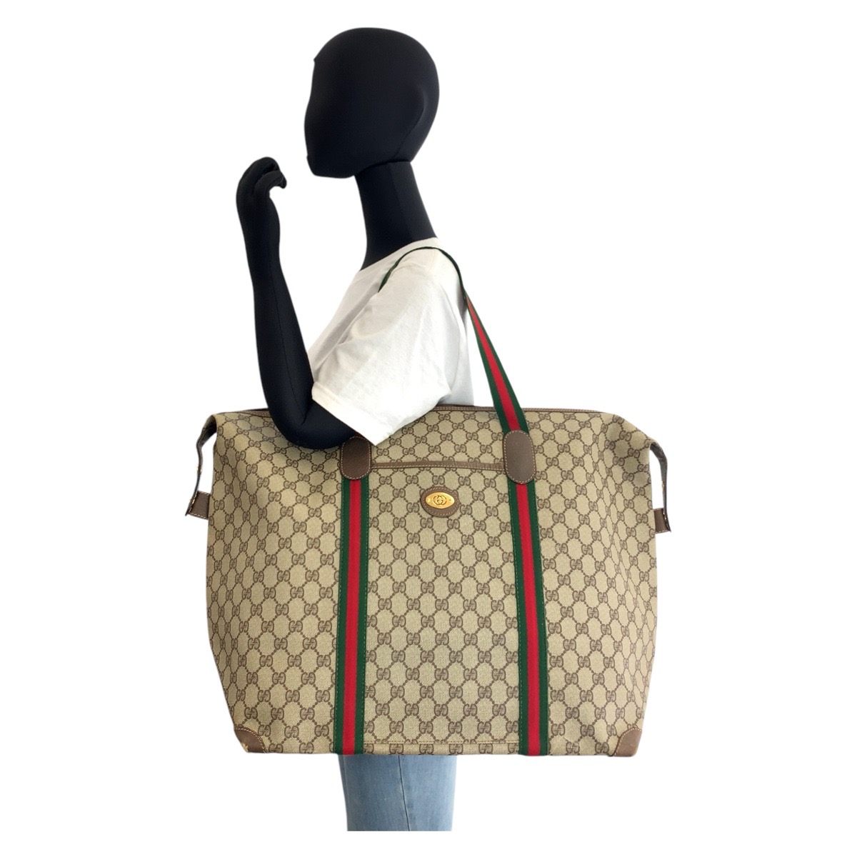 GUCCI vintage Web Stripe Old Gucci Tote Bag Boston bag GG