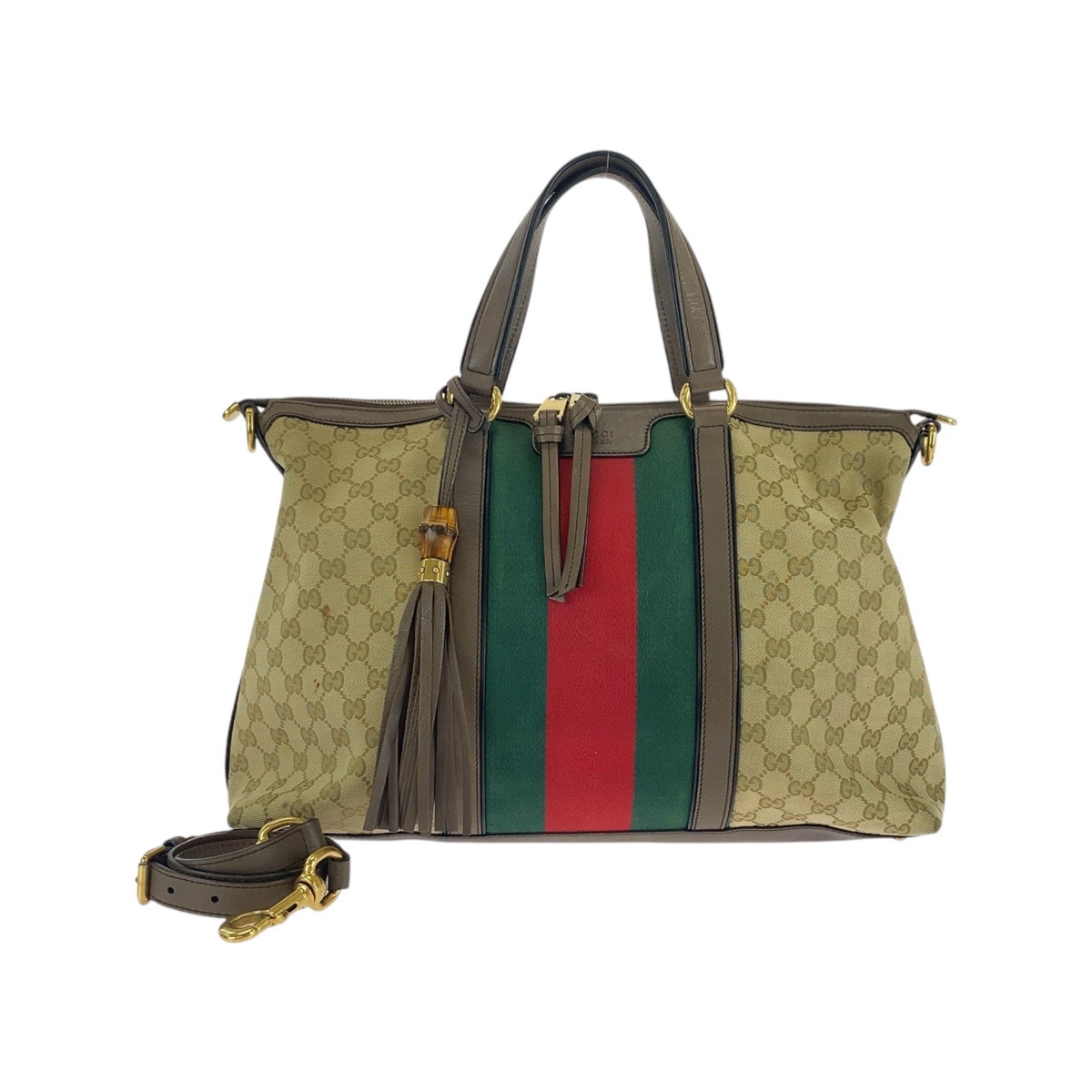 GUCCI Web Stripe 309621 Tote Bag Shoulder Bag Beige Brown