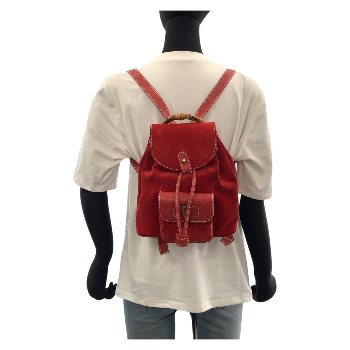 GUCCI Bamboo Backpack Suede Leather Red Gold Vintage Gucci Bamboo Red Suede Leather Large Backpack  main image 2