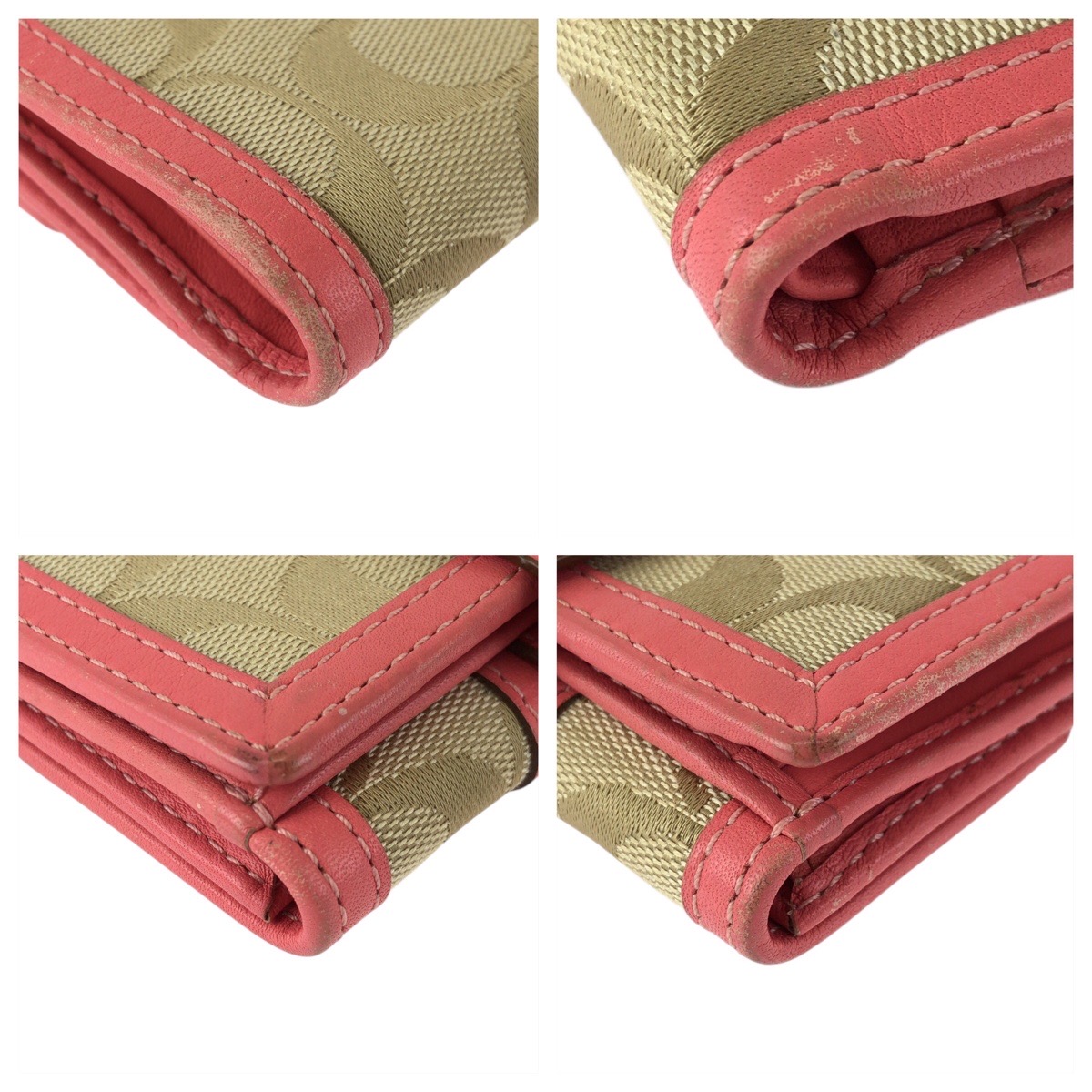 COACH Signature Folding Wallet Compact Wallet Pink Beige canvas