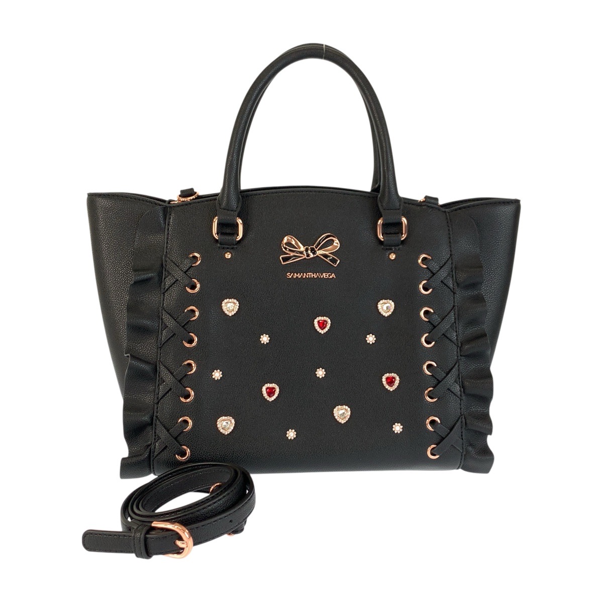 SAMANTHA VEGA レザー2wayバッグ BLACK 美品 Samantha Vega 2 Way Handbag Shoulder Side lace-up ribbon Flutter