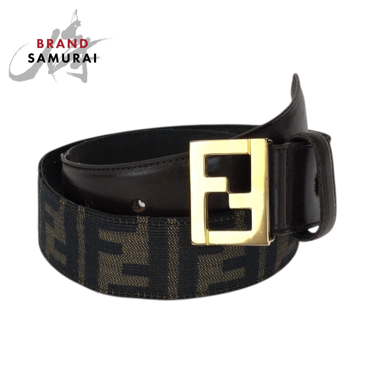 FENDI Zucca FF logo belt Dark brown gold hardware canvas  display picture 2
