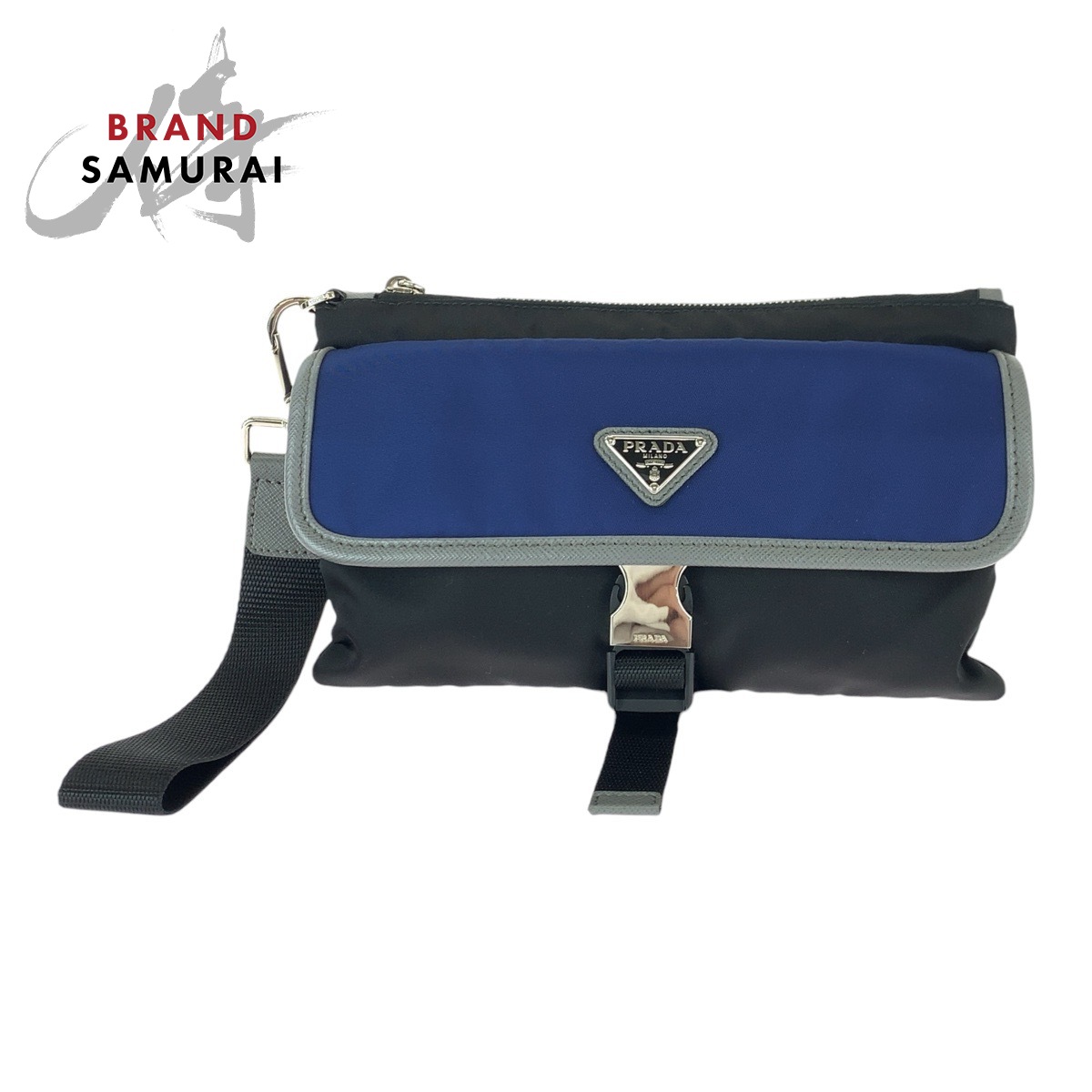 PRADA Tessuto Saffiano Triangle with logo Clutch bag pouch Blue