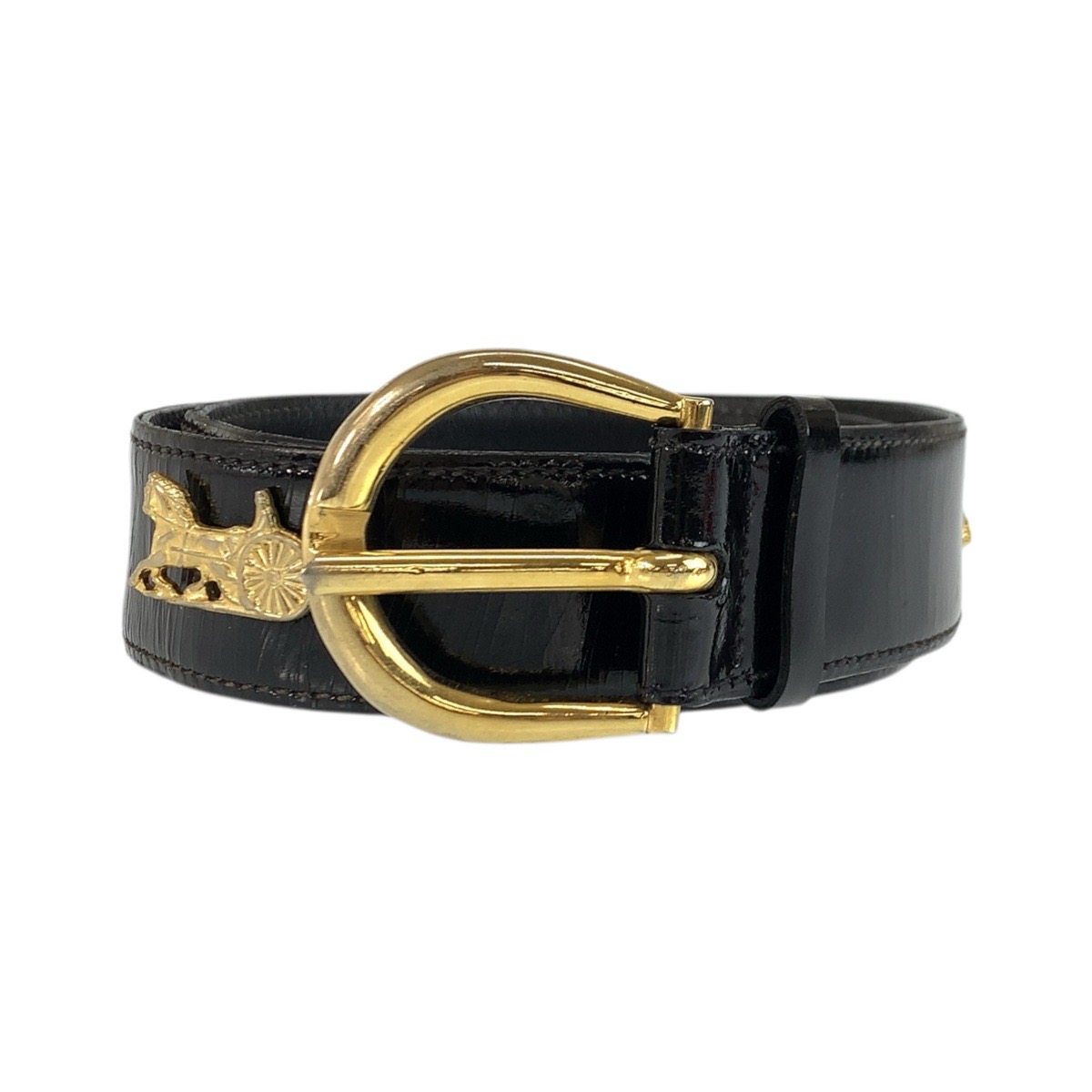 CELINE vintage Carriage hardware belt Black Gold Hardware Patent