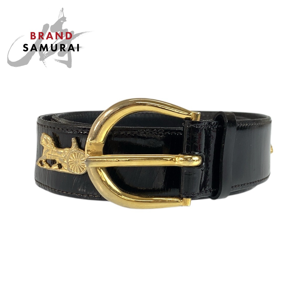 CELINE vintage Carriage hardware belt Black Gold Hardware Patent
