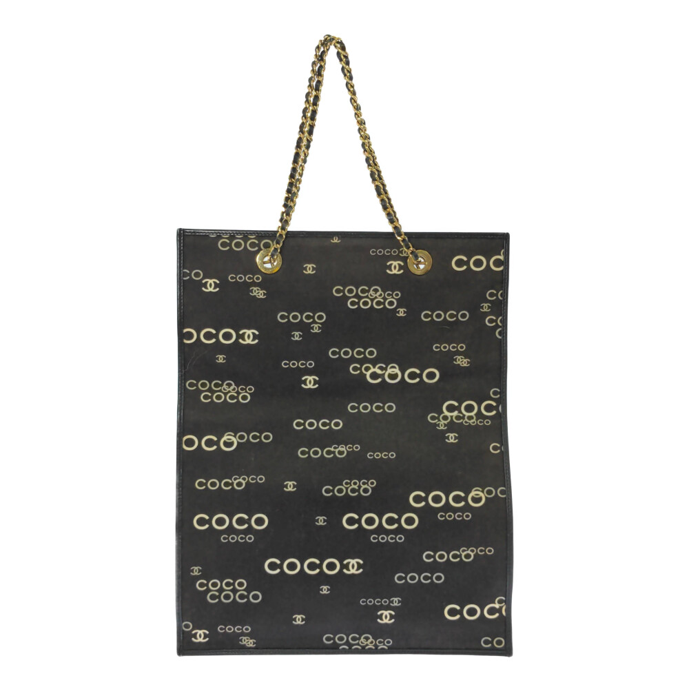 CHANEL Coco Logo Print Cabas Gold Chain Tote Bag Handbag/Black