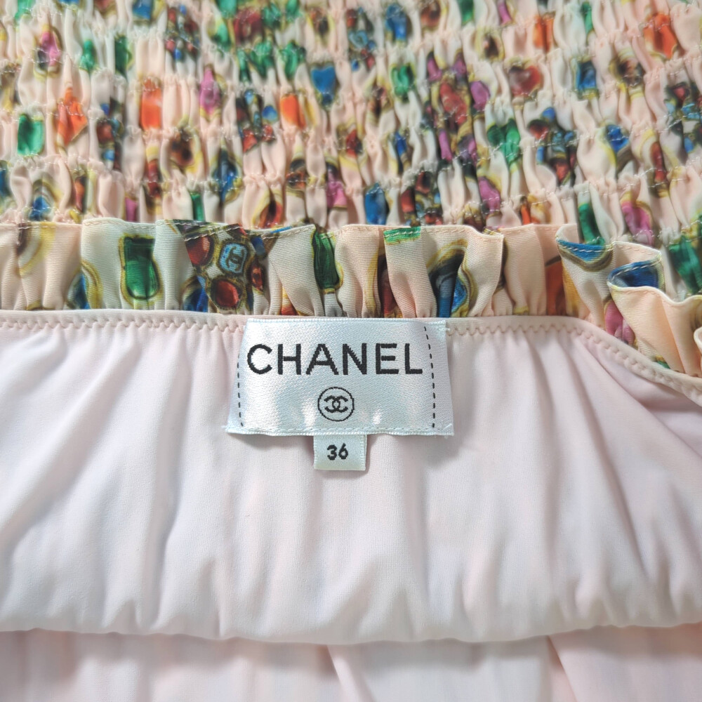CHANEL Jewelry Pattern Mixed Fiber Off Shoulder T-Shirt Top