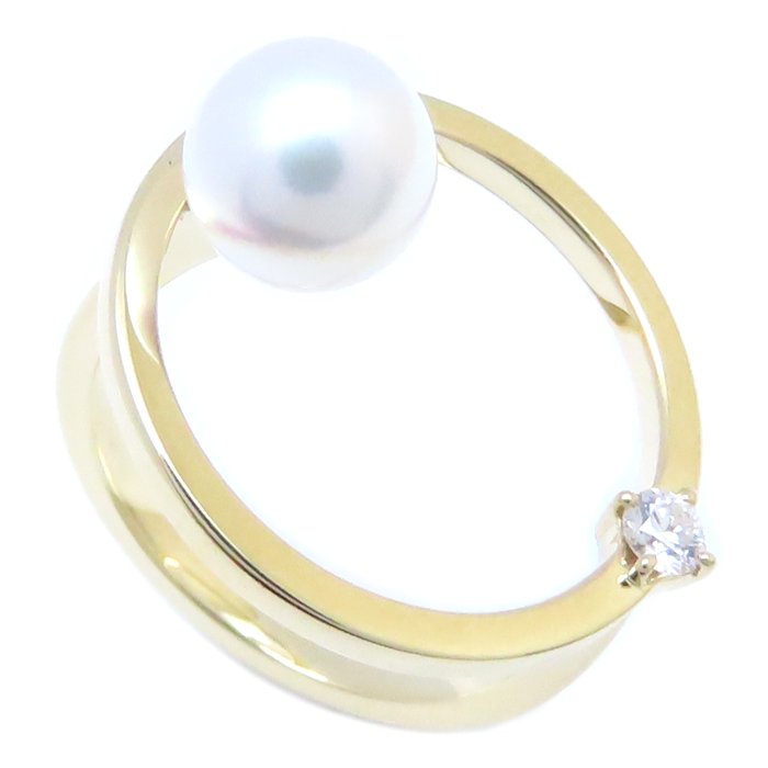 TASAKI Kinetic 18K Yellow Gold ring Pearl 7.5mm Diamond 0.07ct