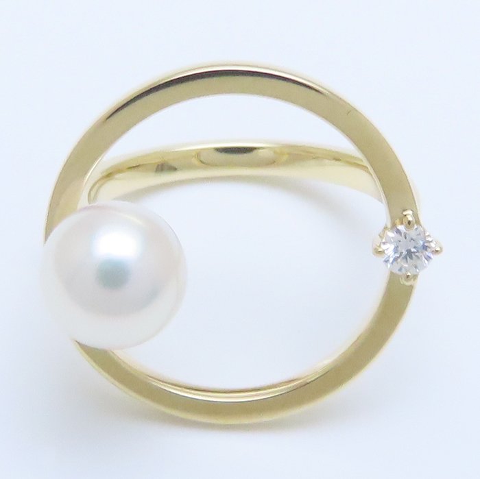 TASAKI Kinetic 18K Yellow Gold ring Pearl 7.5mm Diamond 0.07ct