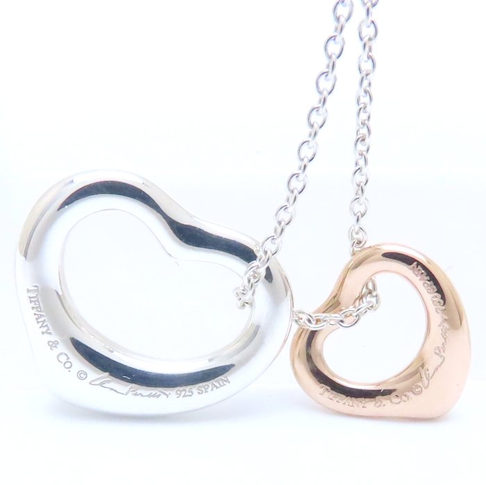 TIFFANY&Co. Double open heart Silver925 K18 Necklace Elsa peretti