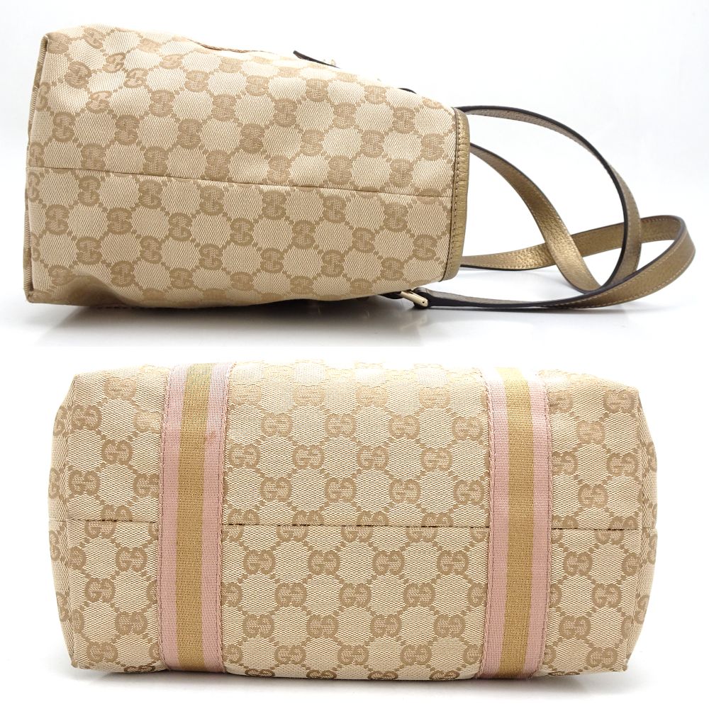 D GUCCI Tote Bag Sherry line 137396 GG canvas/ Leather Beige Gold