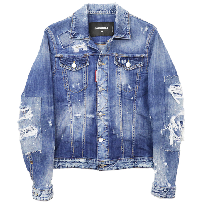 DSQUARED2 デニムジャケット Gジャン　ダメージ　インディゴ　サイズ44 DSQUARED2 Distressed Patchwork Stretch Denim Jacket Mens Size 44