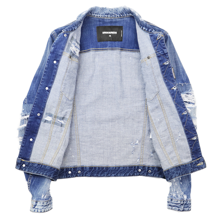 DSQUARED2 Distressed Patchwork Stretch Denim Jacket Mens Size 44