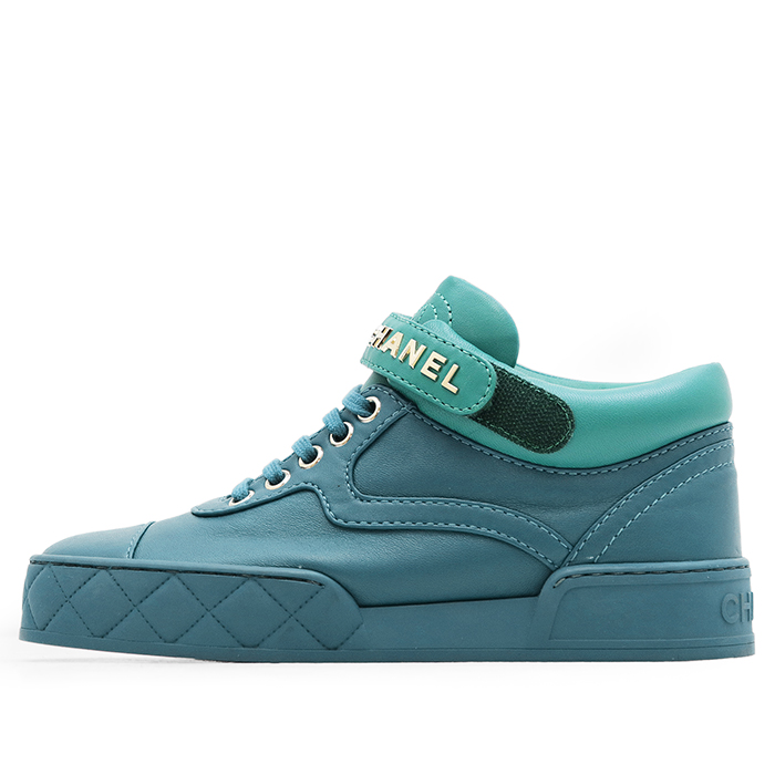CHANEL Mid-cut Sneakers G34967 Matelassé Sole Women Size 35C Blue