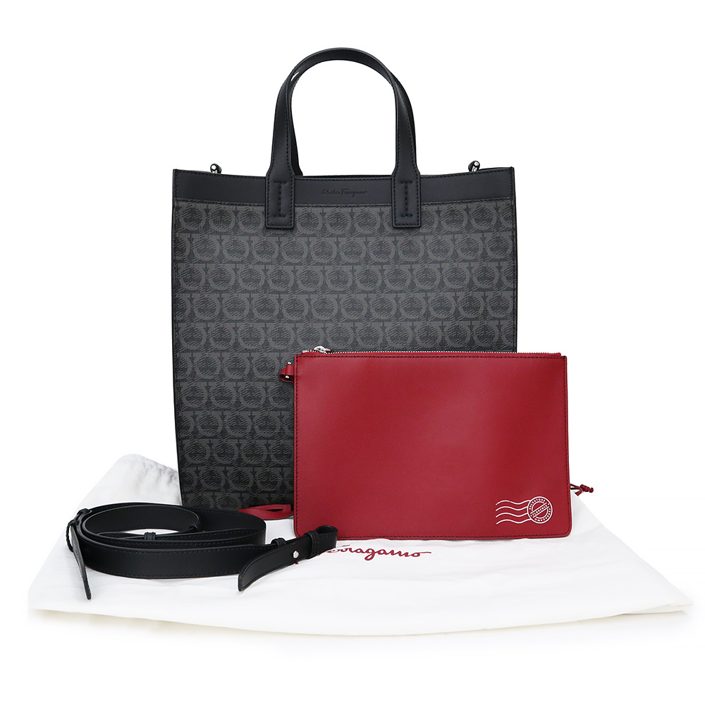 Salvatore Ferragamo Gancini Handbag Fabric & Calfskin, Gray