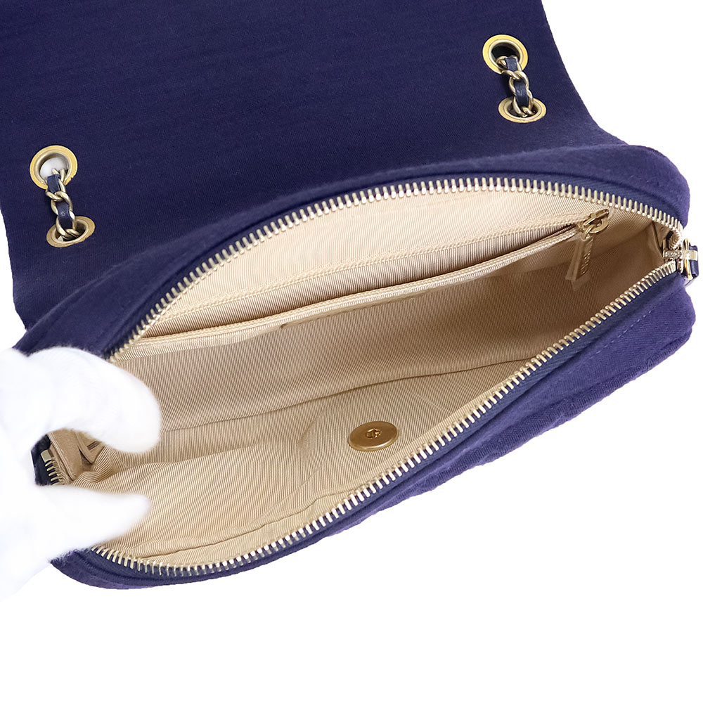 CHANEL V Stitch Chevron WChain Shoulder Bag Cotton Jersey , Navy