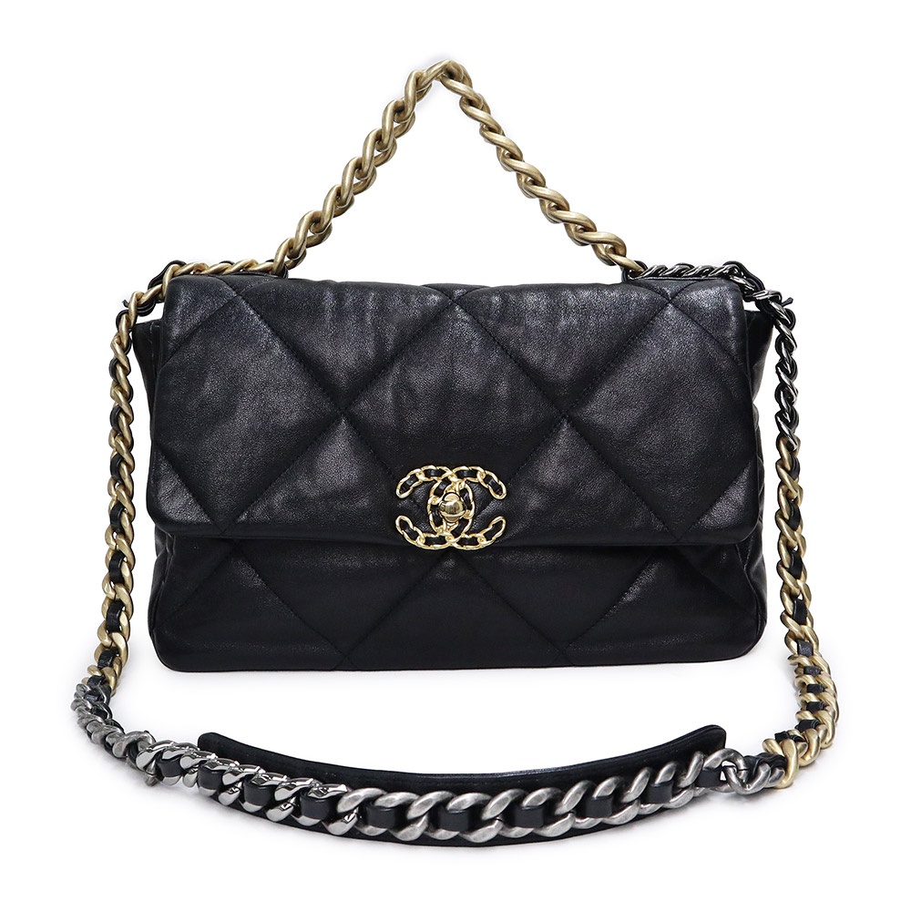 CHANEL 19 Large Chain Shoulder bag Crossbody Goatskin Leather Black AS1161