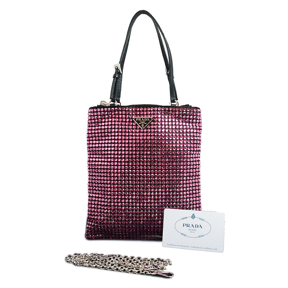 PRADA CRISTAL Chain Shoulder Bag Crystal & Satin & Leather