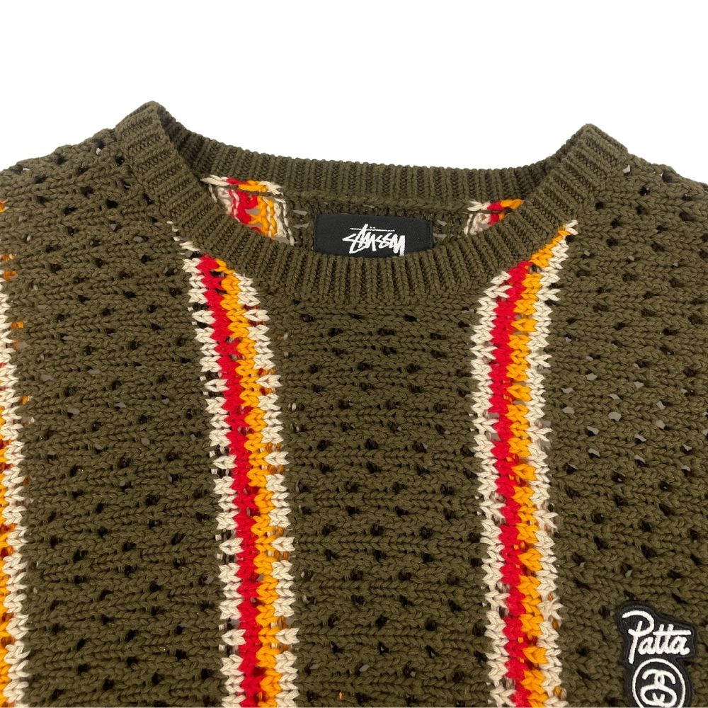 STUSSY ×Patta Stripe Loose Gauge Crewneck Sweater Khaki XL